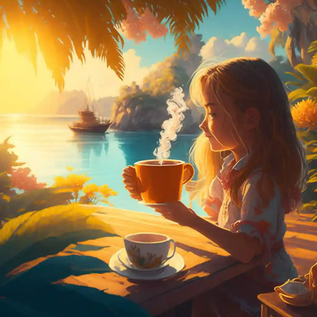 A young girl sipping a steaming cup of coffee in a sun-drenched paradise.